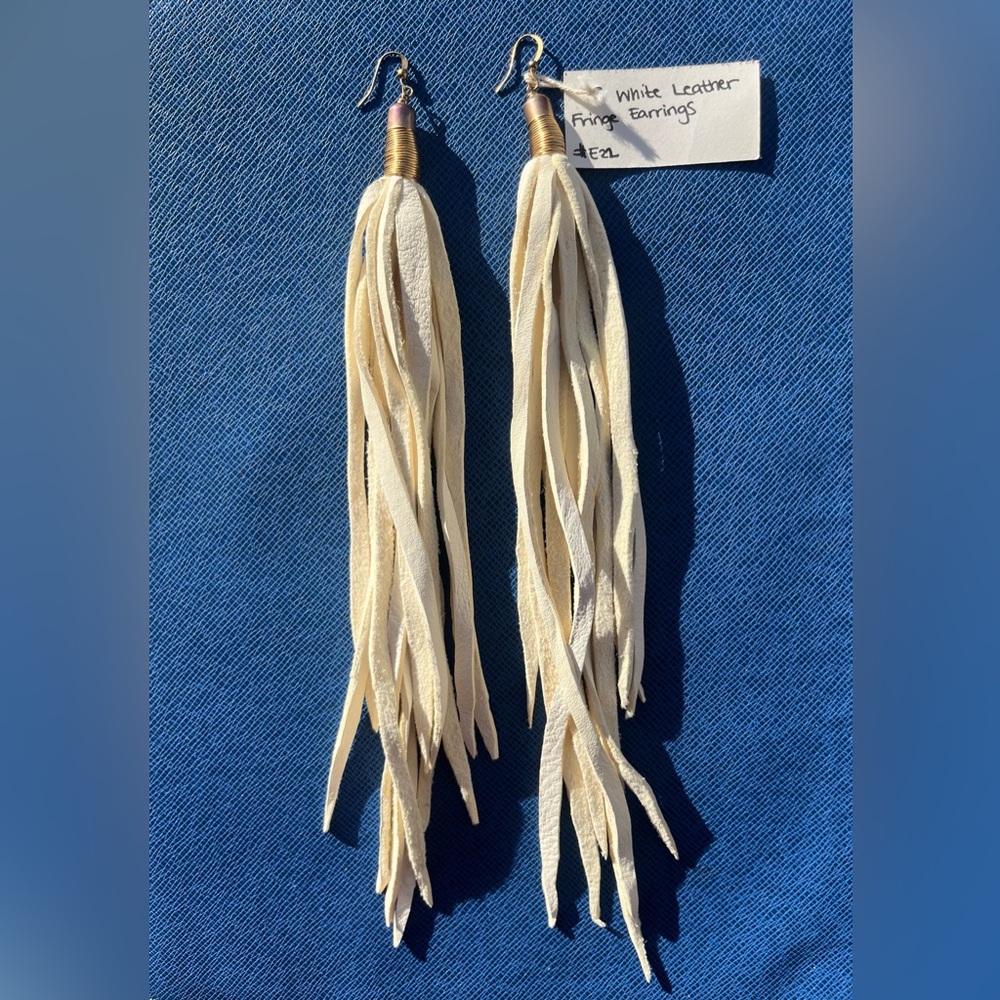 White/Cream Fringe Leather ‘Cheap Thrills’ Earrings by Just Joey Rose